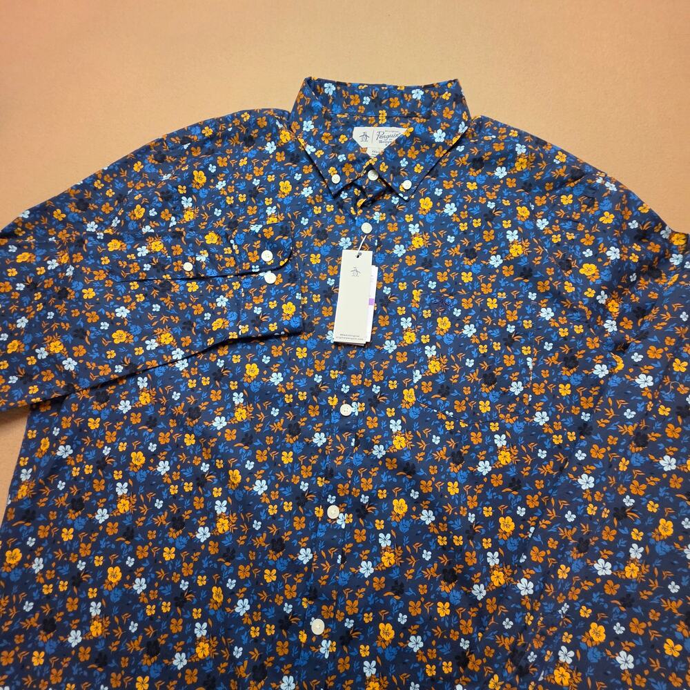 Original Penguin Sargasso Sea Floral Button-Down Shirt Blue Orange Sz XXL NWT